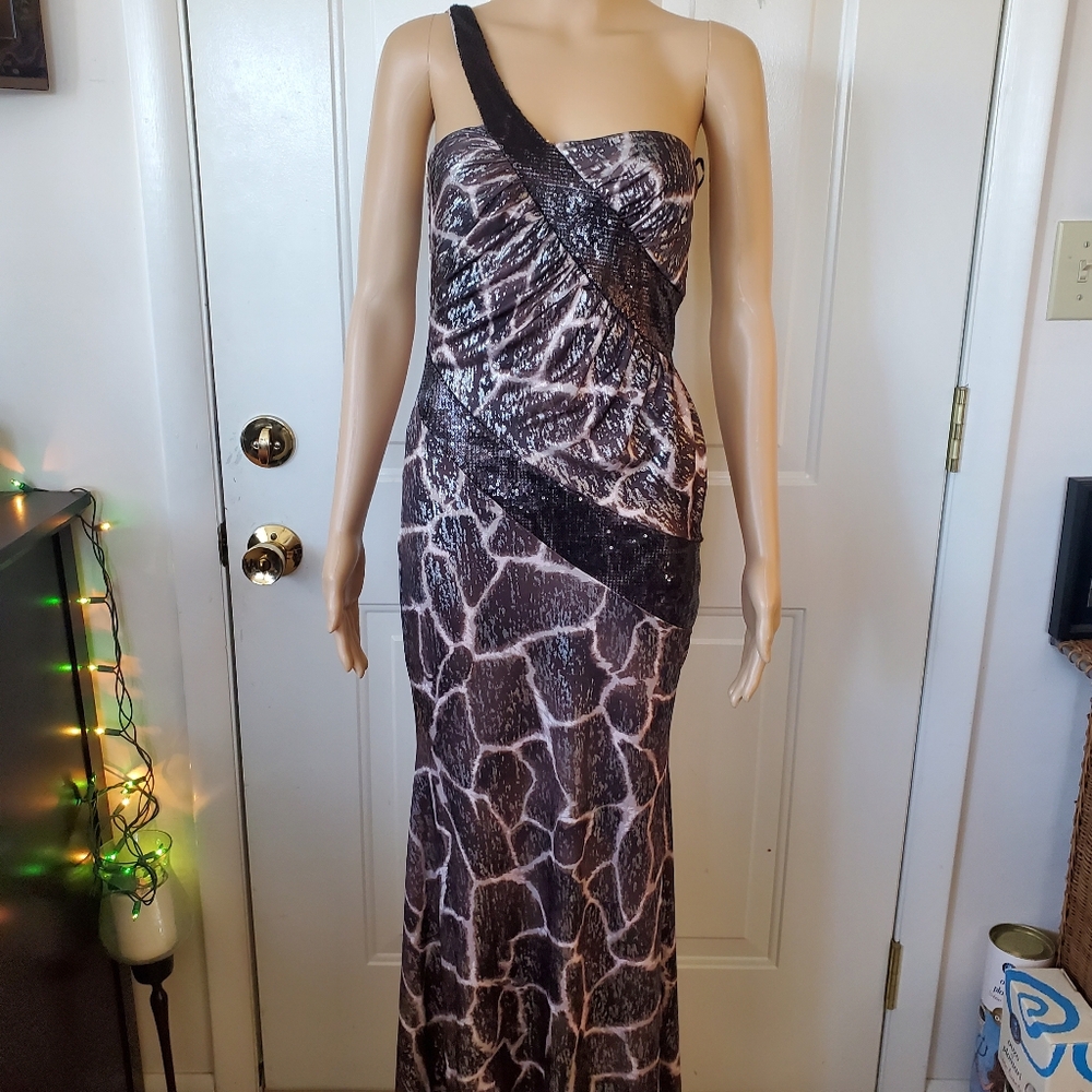 Forplay Asymmetrical Backless Black and Brown Cocktail Gown